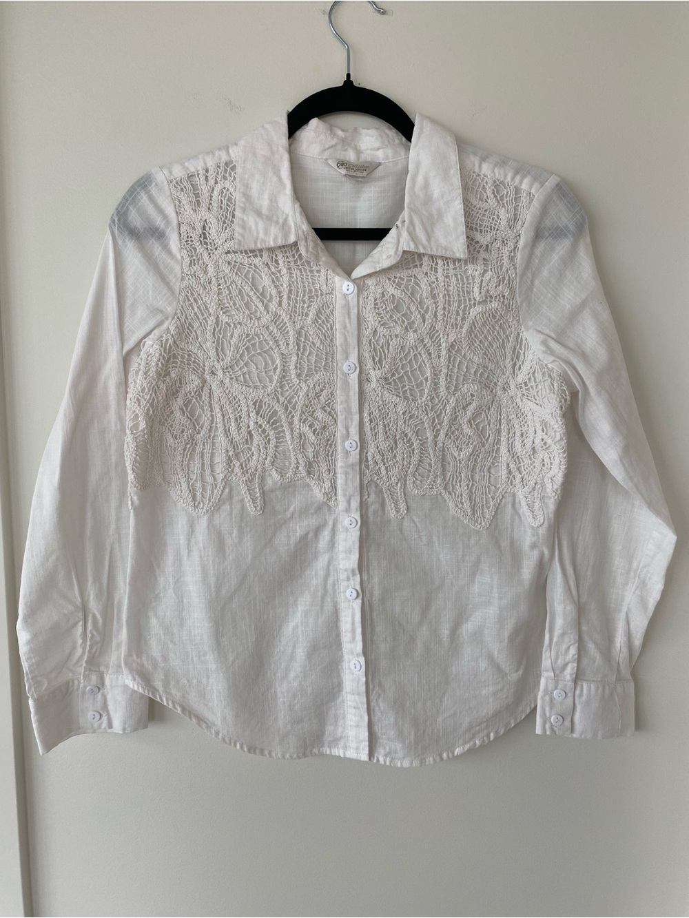 White 100% Cotton Button-Up Blouse with Crochet Lace